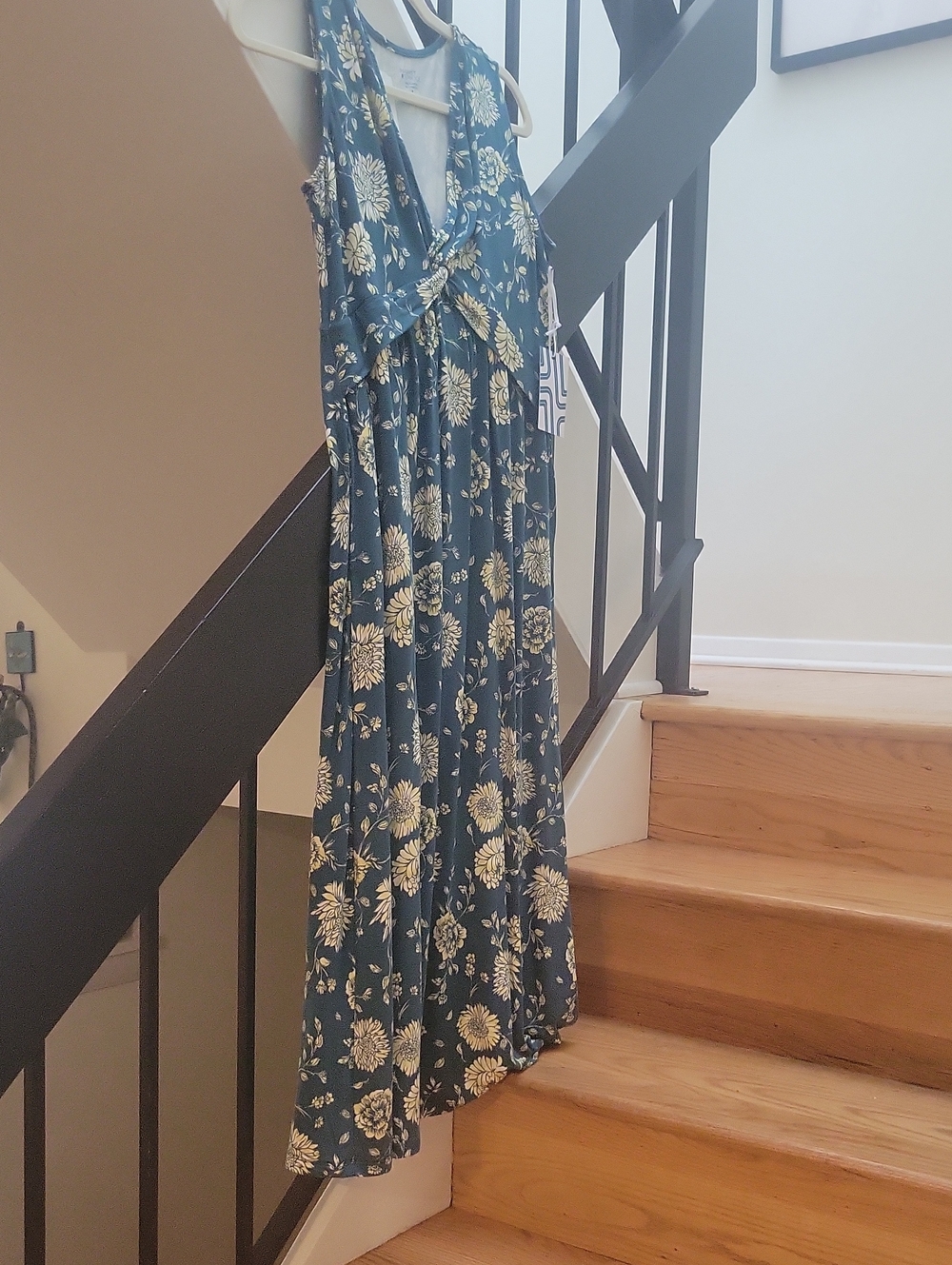 Floral V-Neck Maxi Dress in Teal and Cream